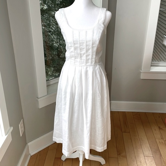 Vintage Dresses & Skirts - Rare Vintage Lanz Originals White Linen Cotton Corset Style Lace Back Dress XS